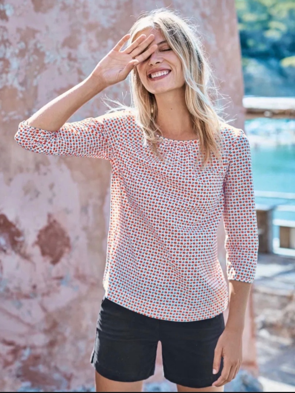 Boden Yvonne Cherry Micro-Print Cotton Blouse 3/4 Sleeve